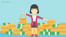 cartoon of a lady balancing money