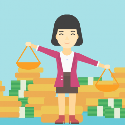 cartoon of a lady balancing money